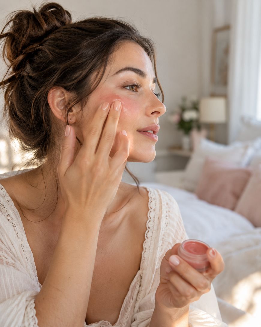 A woman applies a small amount of pink cream blush to her cheek from a small jar.