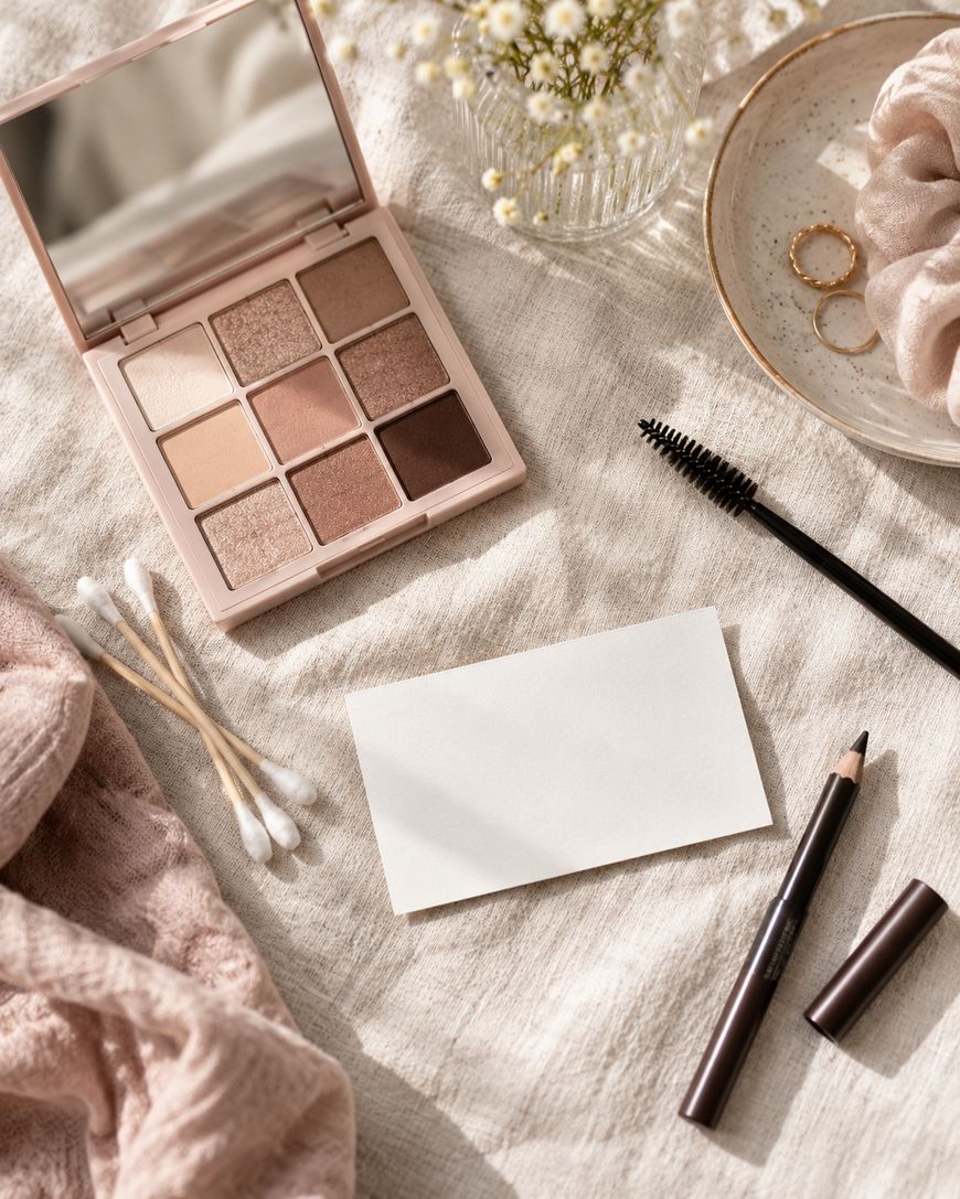 A nine-pan eyeshadow palette, a mascara wand, a pencil eyeliner, cotton swabs, and a blank rectangular card arranged on a textured cloth surface.