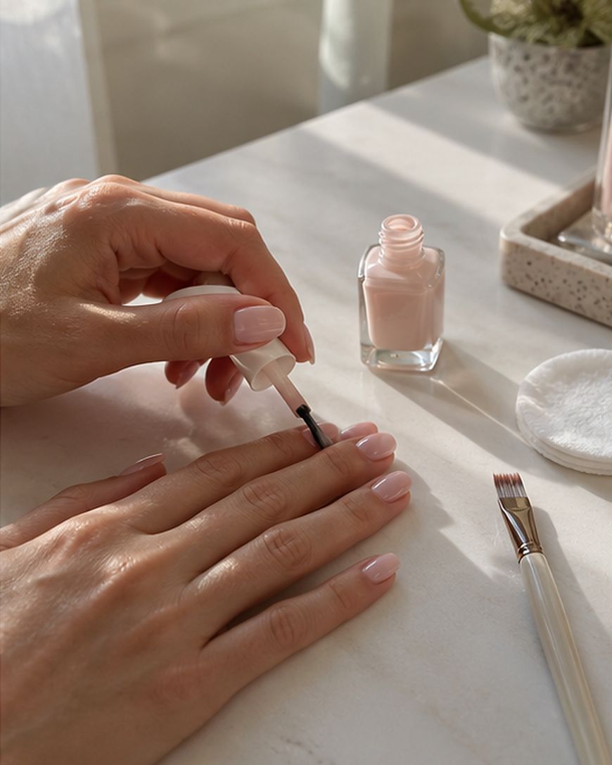 Hands applying light pink nail polish from a small bottle on a white table.