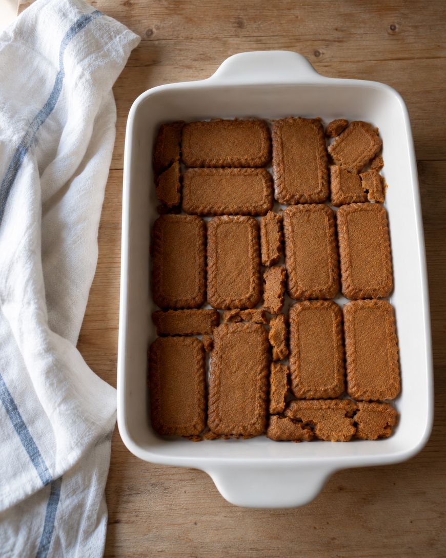 Rectangular brown biscuits arranged in a white baking dish next to a striped kitchen towel on a wooden surface.