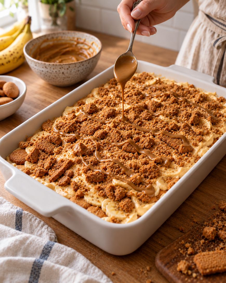 A hand uses a spoon to drizzle caramel over a banana pudding dessert topped with crushed cookies in a white baking dish.