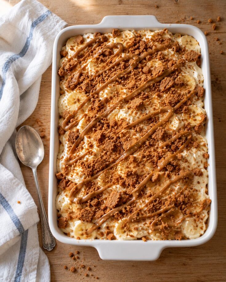 A rectangular baking dish filled with banana pudding topped with crumbled cookies and a drizzle of caramel sauce, with a silver spoon and cloth napkin nearby.