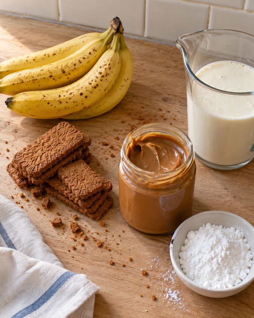 A bunch of bananas, a jar of peanut butter, a pitcher of milk, a small bowl of powdered sugar, and a stack of rectangular spiced cookies on a wooden surface.