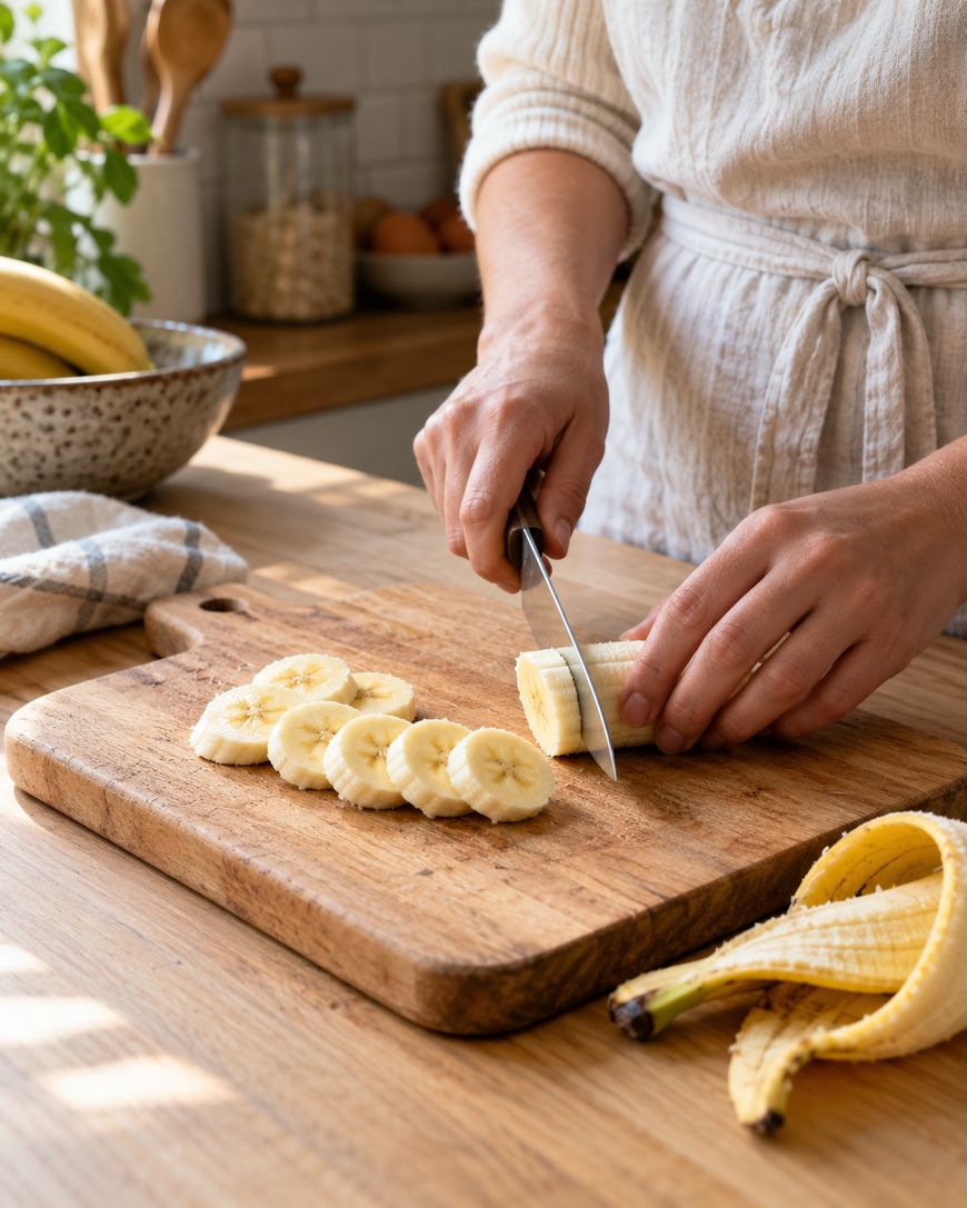 A person slicing a banana into rounds on a wooden cutting board.