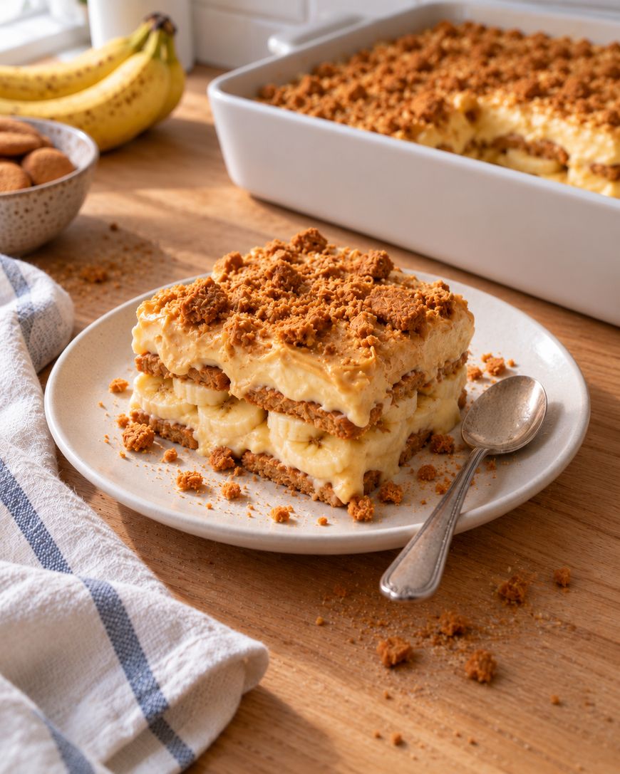 A square slice of banana pudding layered with cookies on a plate with a spoon, with a baking dish of pudding and a bunch of bananas in the background.