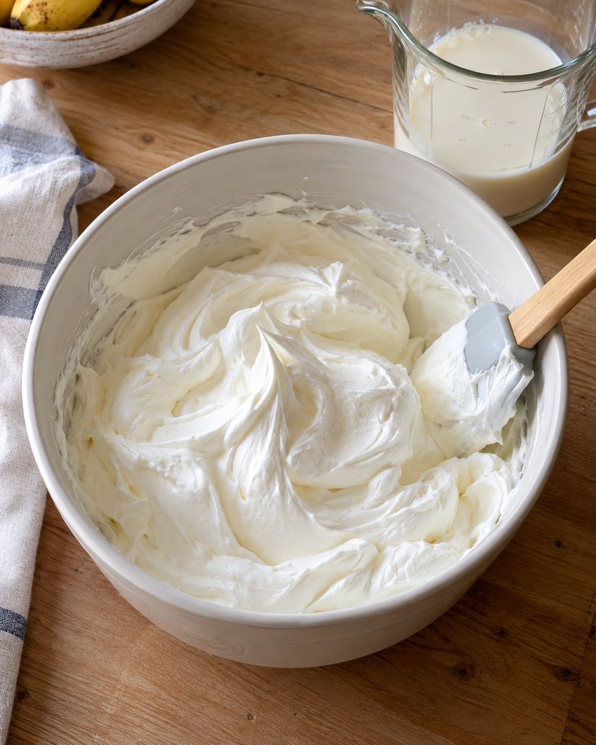 A large mixing bowl filled with whipped cream, with a silicone spatula resting inside.