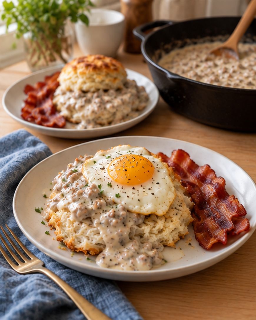 A plate with a fried egg on hash browns, creamy sausage gravy, crispy bacon, and a biscuit. A skillet of sausage gravy and another similar plate are in the background. A blue napkin and fork are on the side.