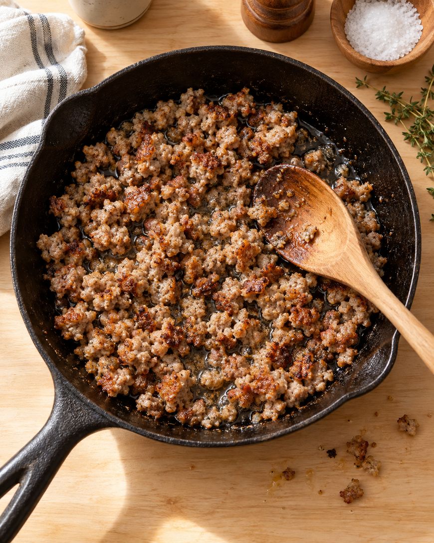 Cooked ground sausage in a black cast iron skillet with a wooden spoon resting inside. A striped kitchen towel, salt, pepper, and fresh thyme are on the wooden surface nearby.