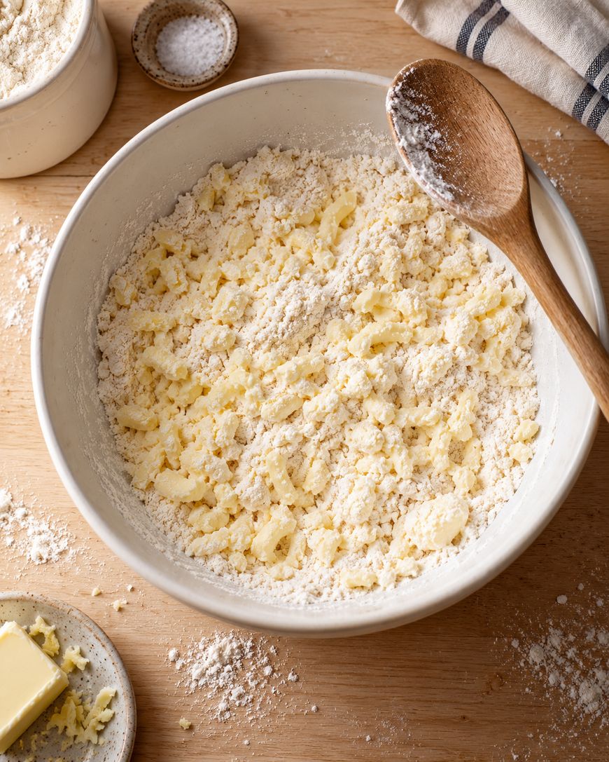 A bowl of crumbly flour and butter mixture sits on a wooden surface with a wooden spoon, a small dish of salt, a plate of butter, and a striped cloth nearby.