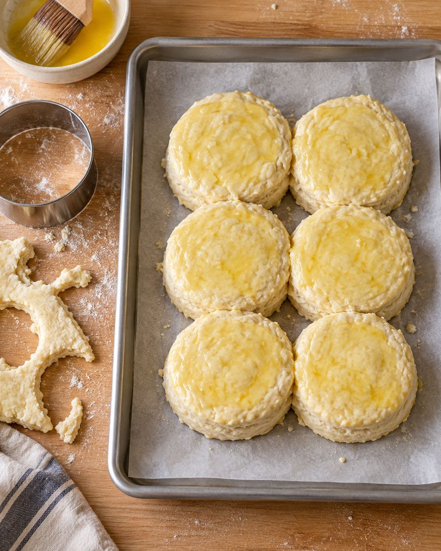 Six unbaked biscuits brushed with egg wash are arranged on a parchment-lined baking sheet. Nearby are a round biscuit cutter, leftover dough scraps, a pastry brush, and a bowl on a flour-dusted wooden surface.