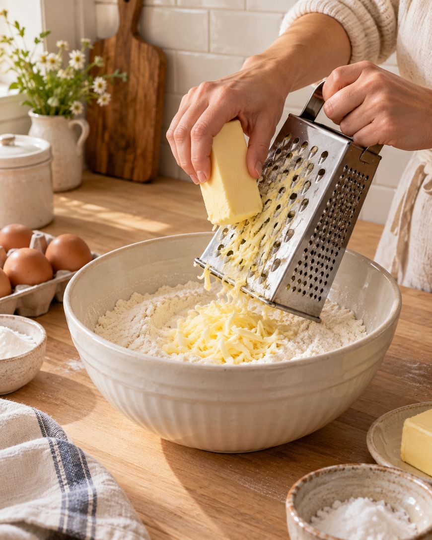 A person grates butter into a large bowl of flour on a wooden kitchen counter. Eggs, a stick of butter, bowls of ingredients, and a towel are nearby. Sunlight streams in from a window.
