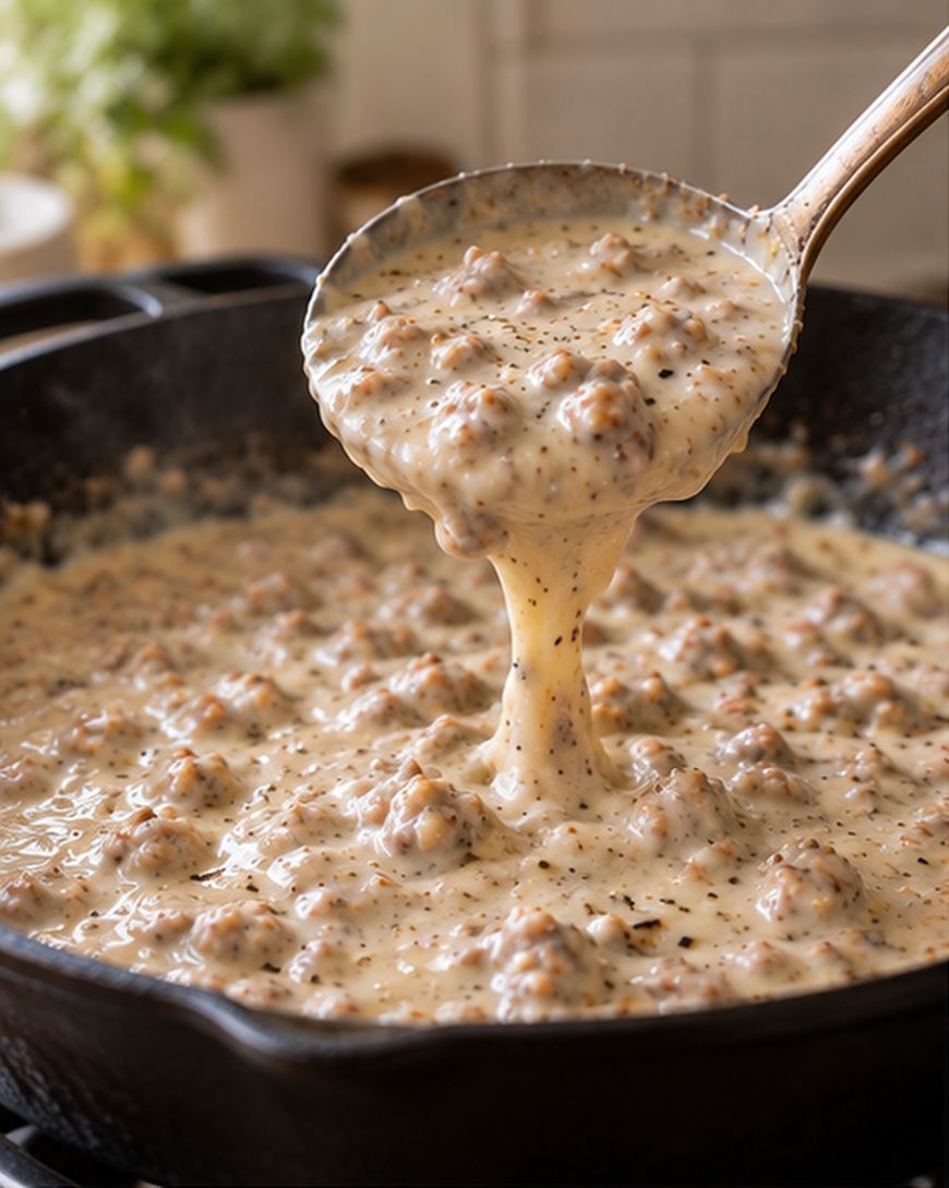 A ladle scoops creamy sausage gravy, speckled with black pepper, from a cast iron skillet in a kitchen setting.