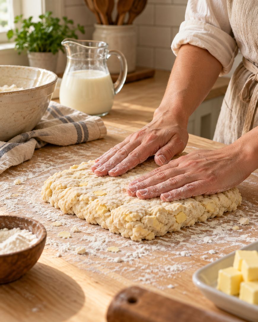 A person presses dough with both hands on a floured wooden surface, surrounded by bowls of flour, butter cubes, a pitcher of milk, and a rolling pin in a bright kitchen.