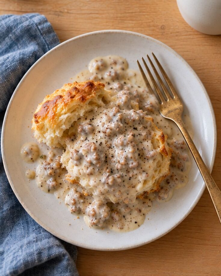 A golden biscuit topped with creamy sausage gravy and cracked black pepper sits on a white plate with a gold fork. A blue napkin is nearby on a wooden table.