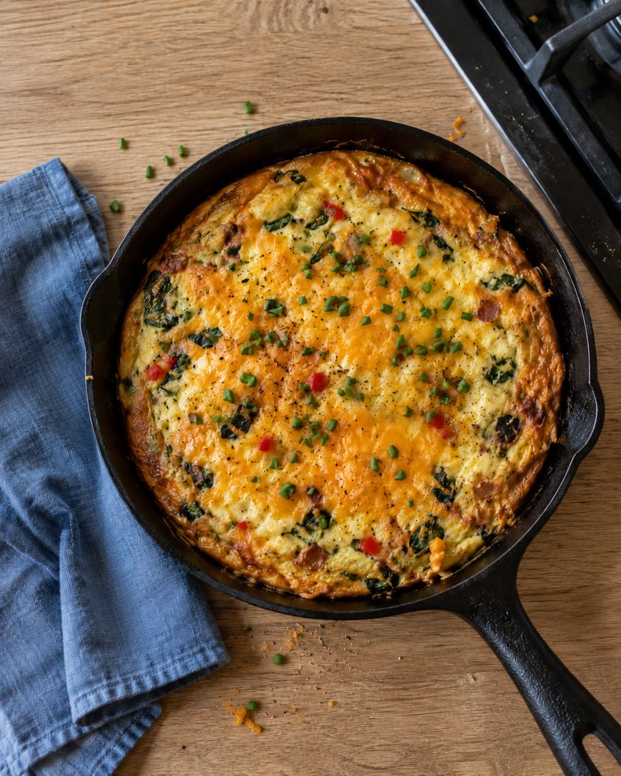 A baked frittata with melted cheese, spinach, and red peppers in a cast iron skillet.