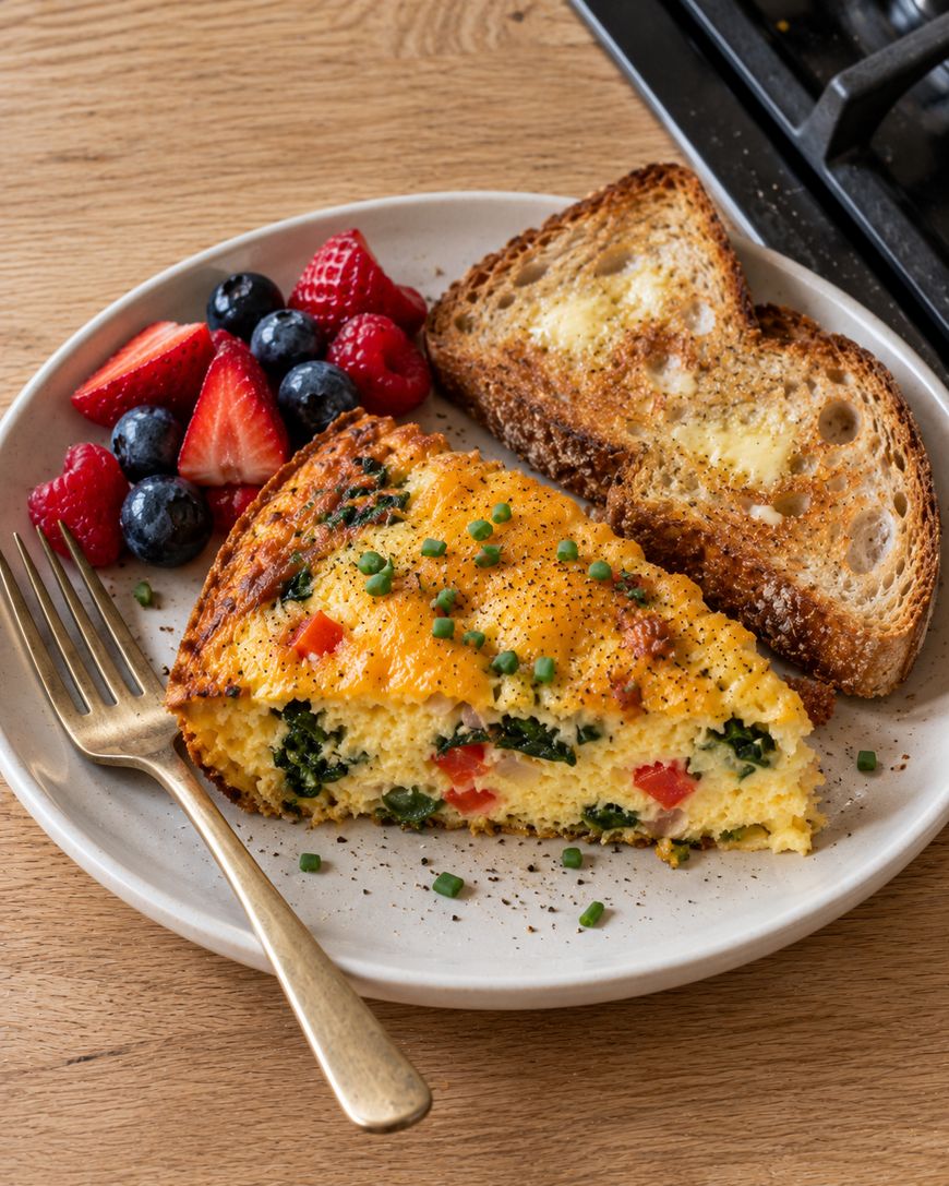 A slice of vegetable quiche on a plate with buttered toast and a side of strawberries, blueberries, and raspberries.