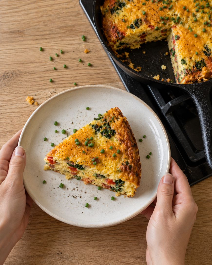 Hands holding a plate with a slice of vegetable frittata, with the remaining frittata in a cast iron skillet nearby.