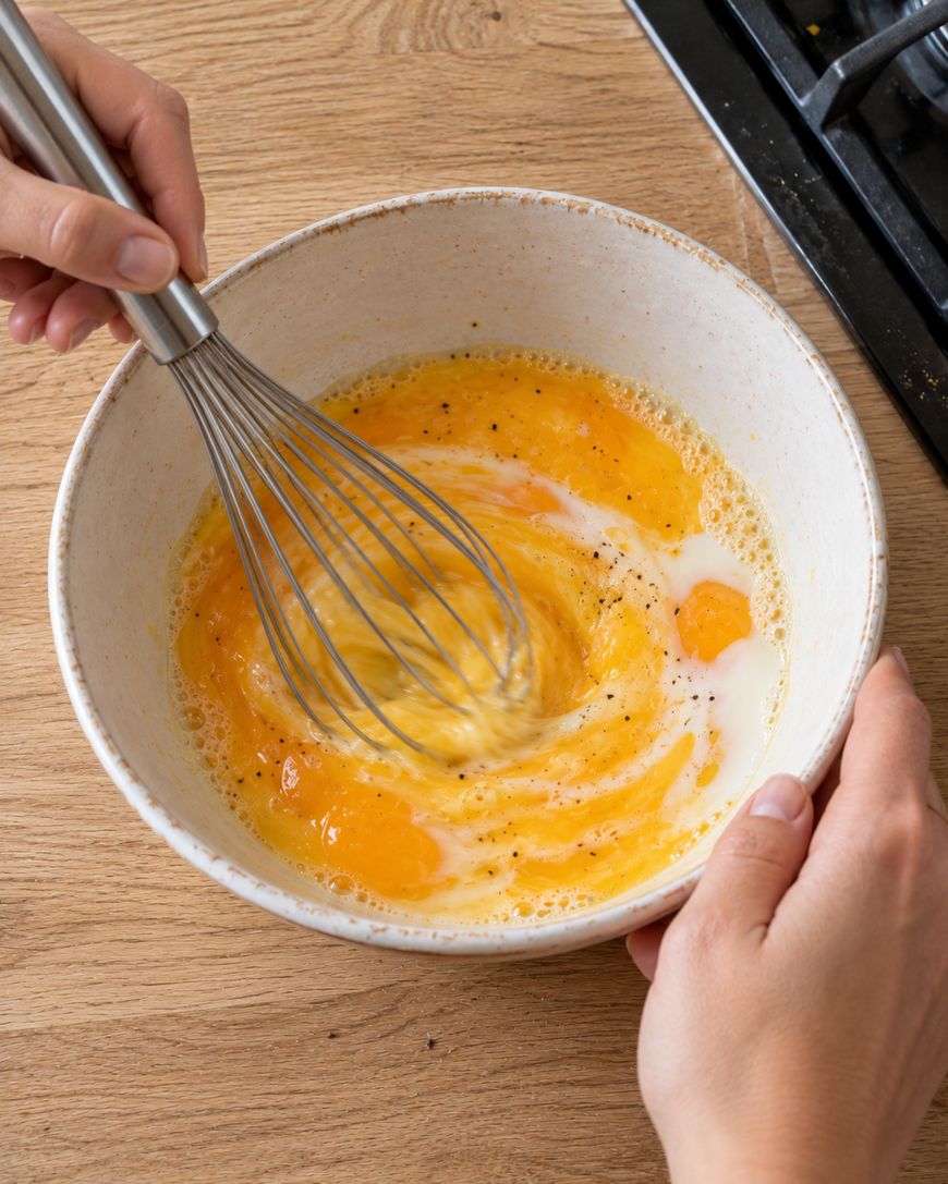 Hands whisking eggs, milk, and black pepper in a ceramic bowl.