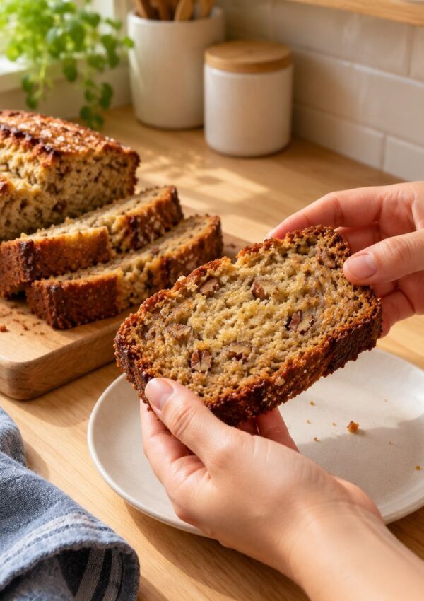 Hands holding a slice of toasted banana nut bread over a plate, with a sliced loaf on a cutting board in the background.