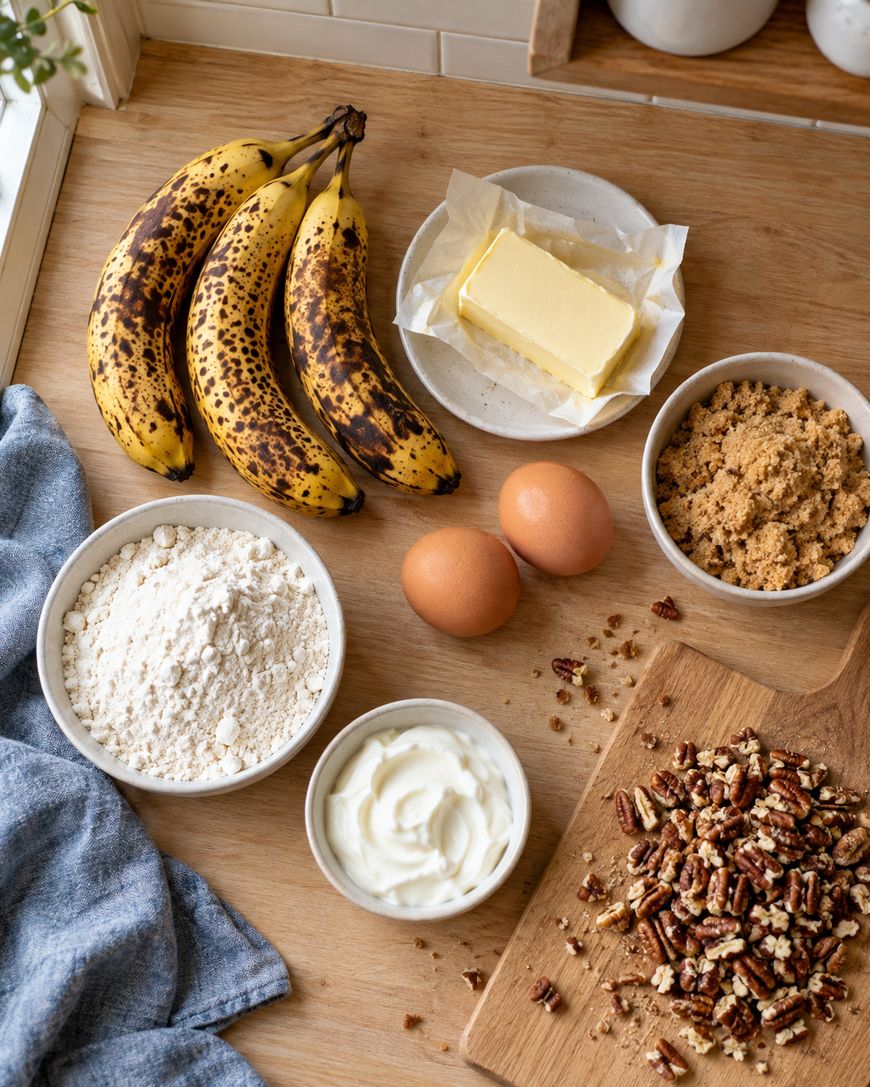 Ingredients for banana nut bread including speckled bananas, a stick of butter, two eggs, flour, brown sugar, yogurt, and chopped pecans on a wooden surface.