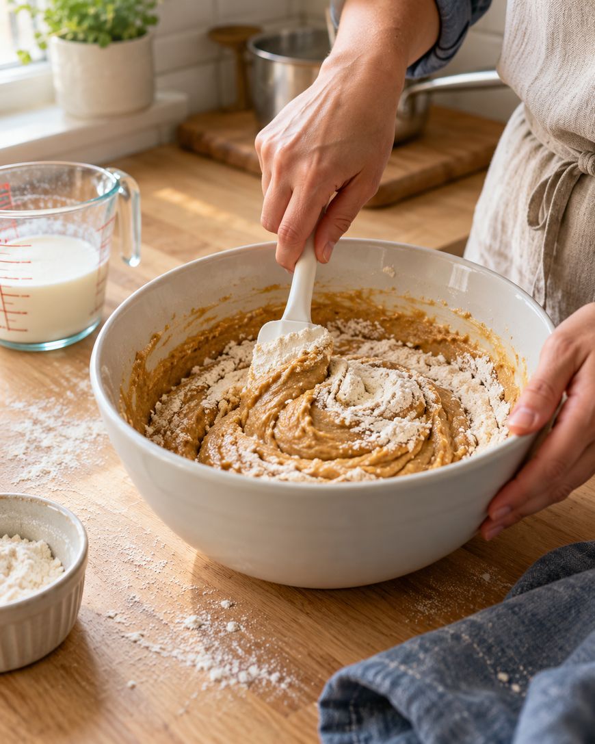 A person stirs flour into a bowl of batter using a spatula on a wooden kitchen counter, with a measuring cup of milk and a small bowl of flour nearby.