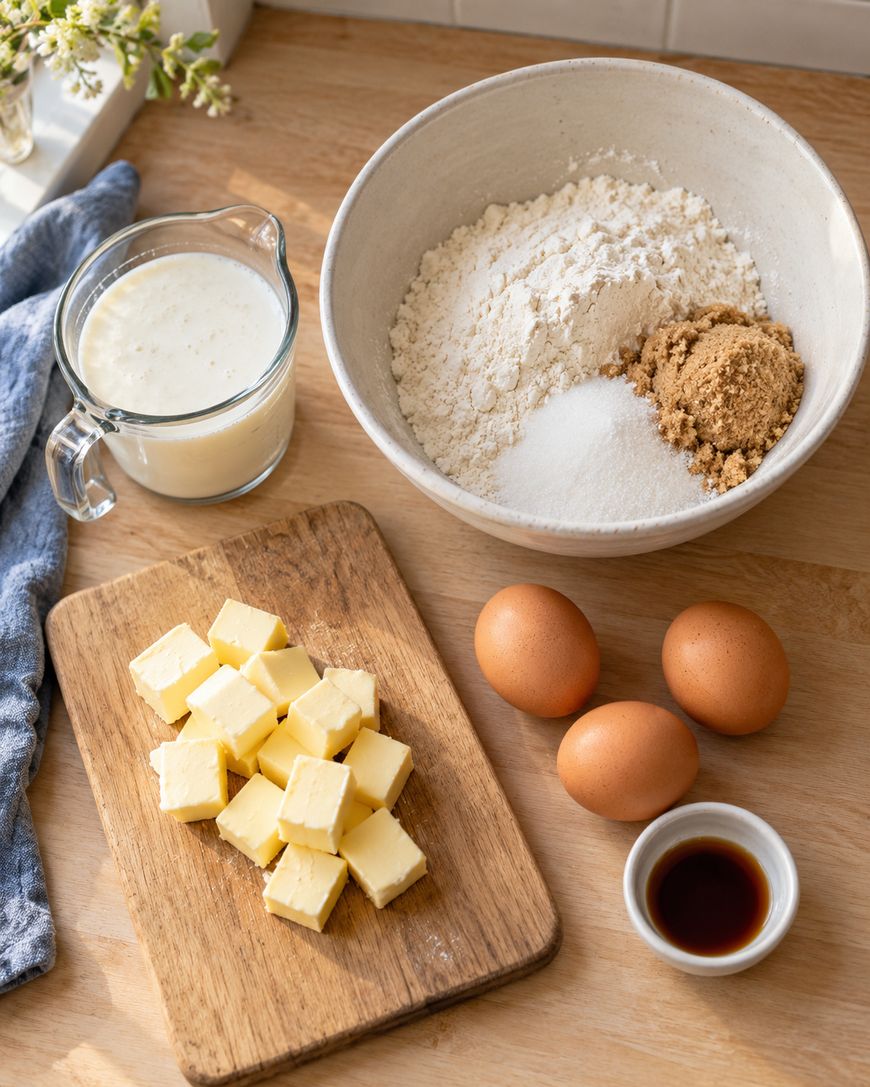A bowl of flour, sugar, and brown sugar, a pitcher of milk, three eggs, cubed butter on a wooden board, and a small dish of vanilla extract are arranged on a wooden surface.