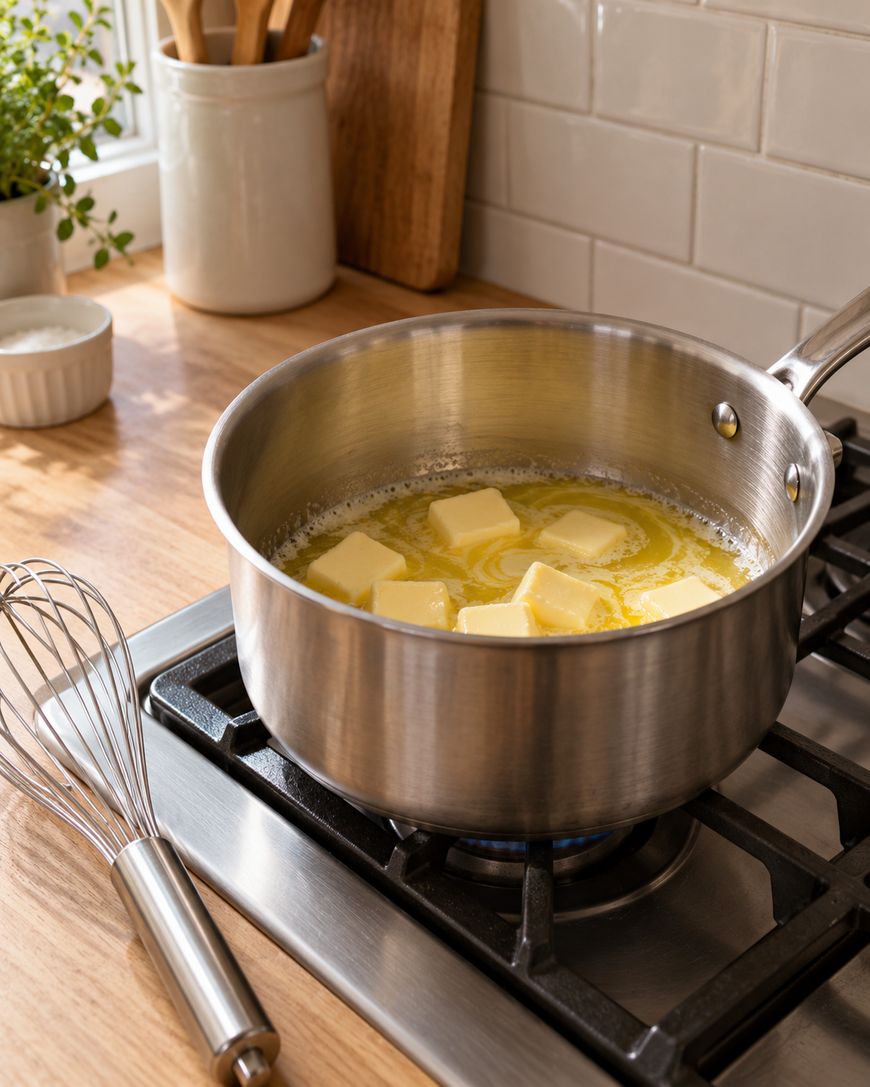 Metal saucepan melting butter cubes on a gas stove, with a whisk on the wooden counter nearby. White subway tile backsplash and kitchen utensils are in the background.