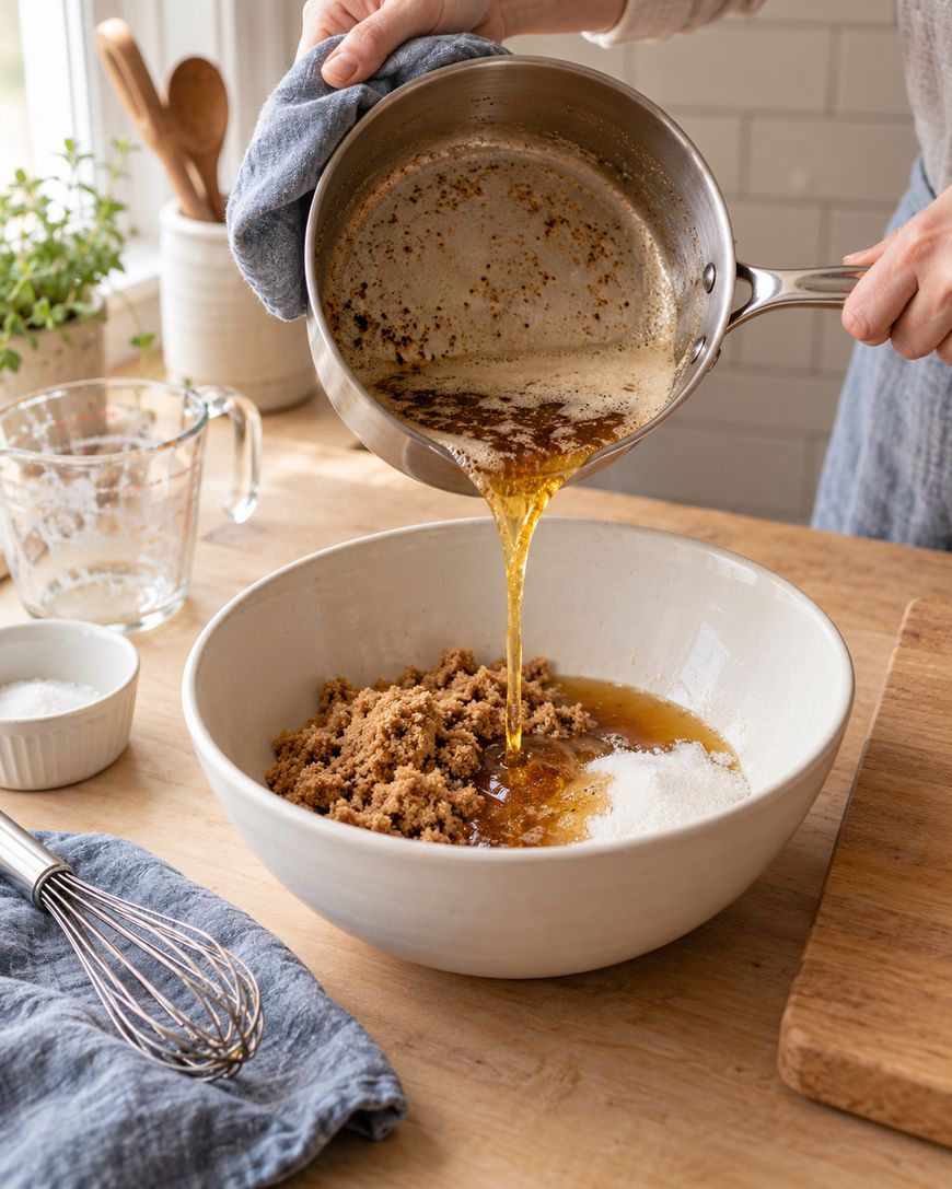 A person pours melted butter from a saucepan into a bowl with brown sugar and white sugar on a wooden counter, with a whisk and other baking items nearby.