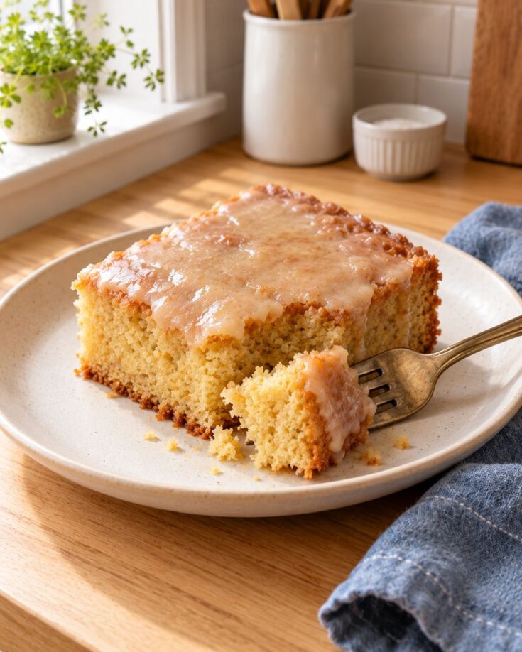 A slice of glazed cake on a plate with a fork taking a bite, set on a wooden table near a window with sunlight, a plant, and kitchen items in the background.