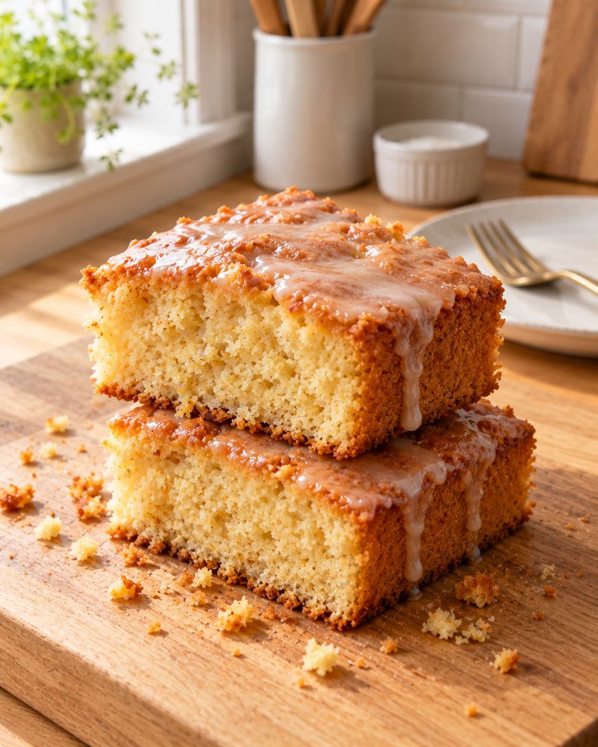 Two slices of glazed lemon cake stacked on a wooden board in a bright kitchen setting, with crumbs scattered around.
