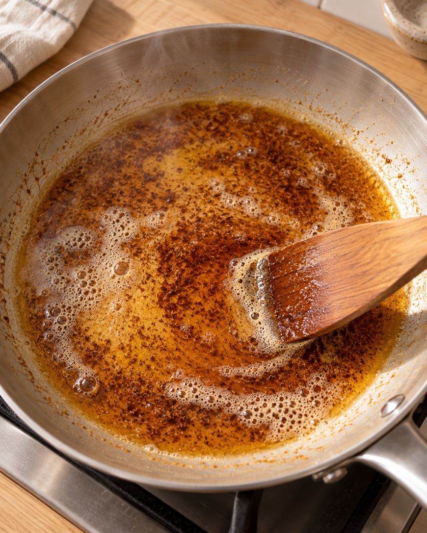 A wooden spoon stirs browned butter with dark specks in a stainless steel pan on a stovetop, with steam rising and a kitchen towel visible nearby.