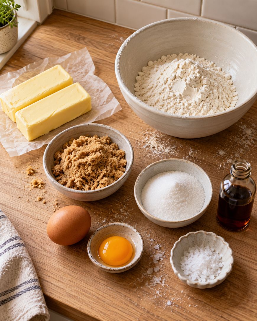 Baking ingredients on a wooden counter: flour, two sticks of butter, brown sugar, white sugar, vanilla extract, salt, a whole egg, and an egg yolk in bowls.