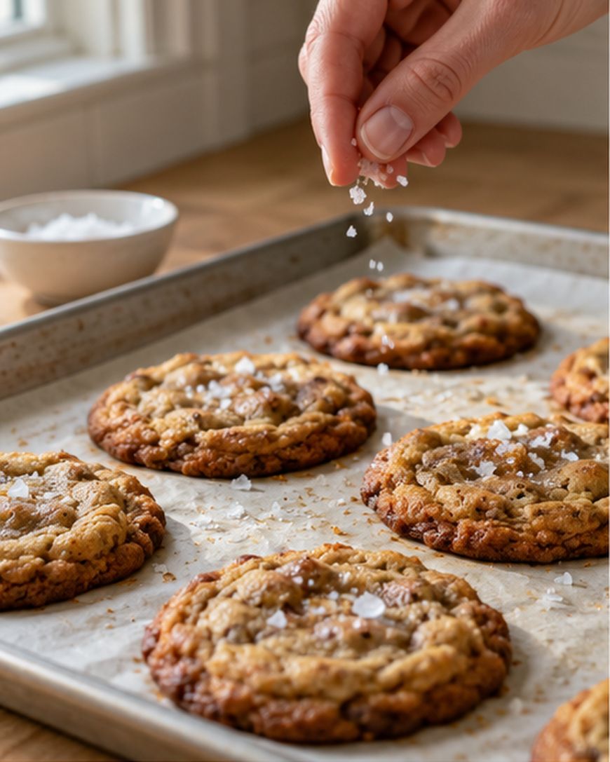 A hand sprinkles flaky sea salt onto freshly baked chocolate chip cookies on a baking tray lined with parchment paper. A bowl of salt is in the background on a wooden countertop near a window.