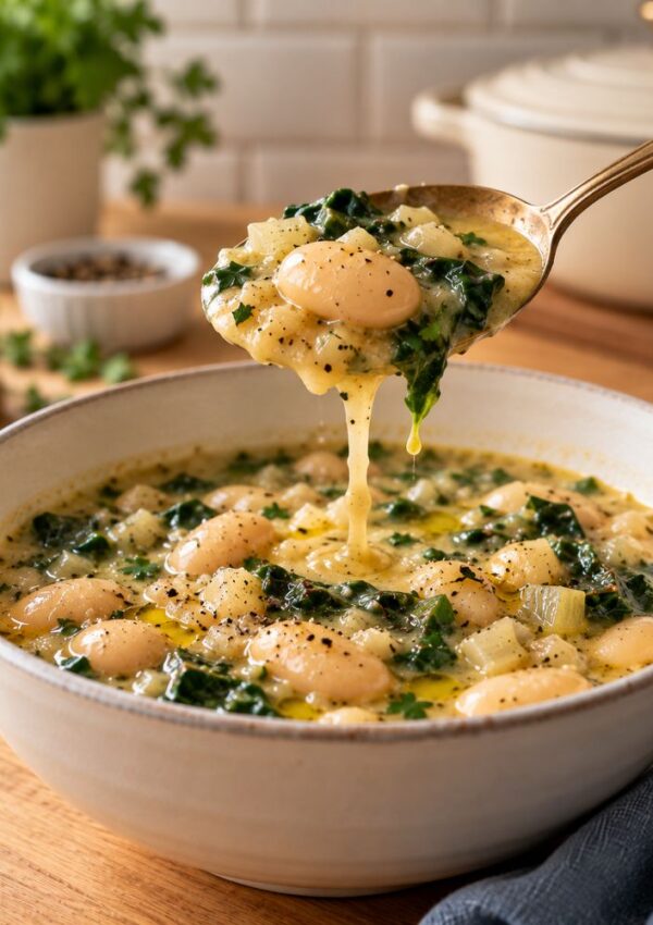 A bowl of creamy white bean soup with kale and black pepper. A spoon is lifting soup from the bowl. A pot, fresh herbs, and pepper grinder are in the background on a wooden table.