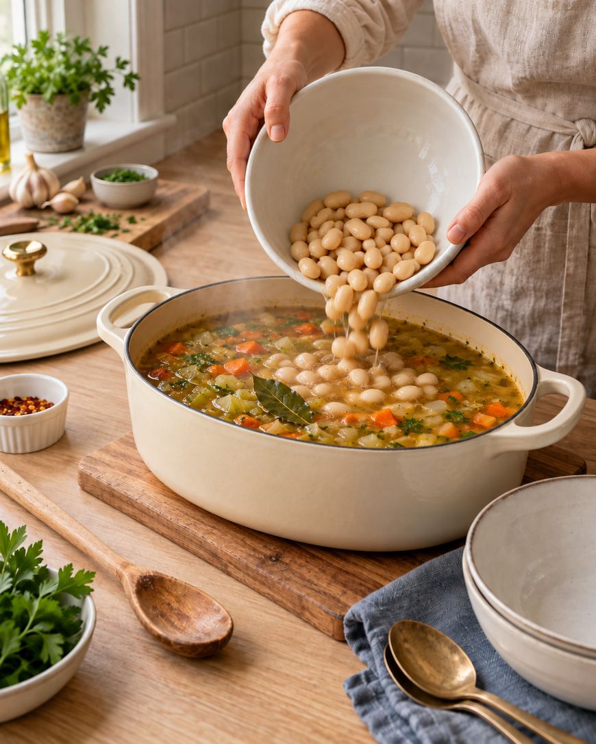 A person pours white beans from a bowl into a pot of vegetable soup on a wooden counter, surrounded by herbs, a spoon, and dishware in a cozy kitchen setting.