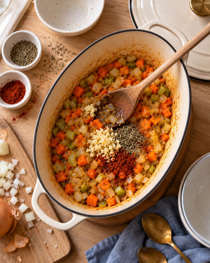 Chopped vegetables, minced garlic, and spices are cooking in a large white Dutch oven with a wooden spoon. Small bowls of spices, a cutting board with diced onions, and gold spoons are nearby.