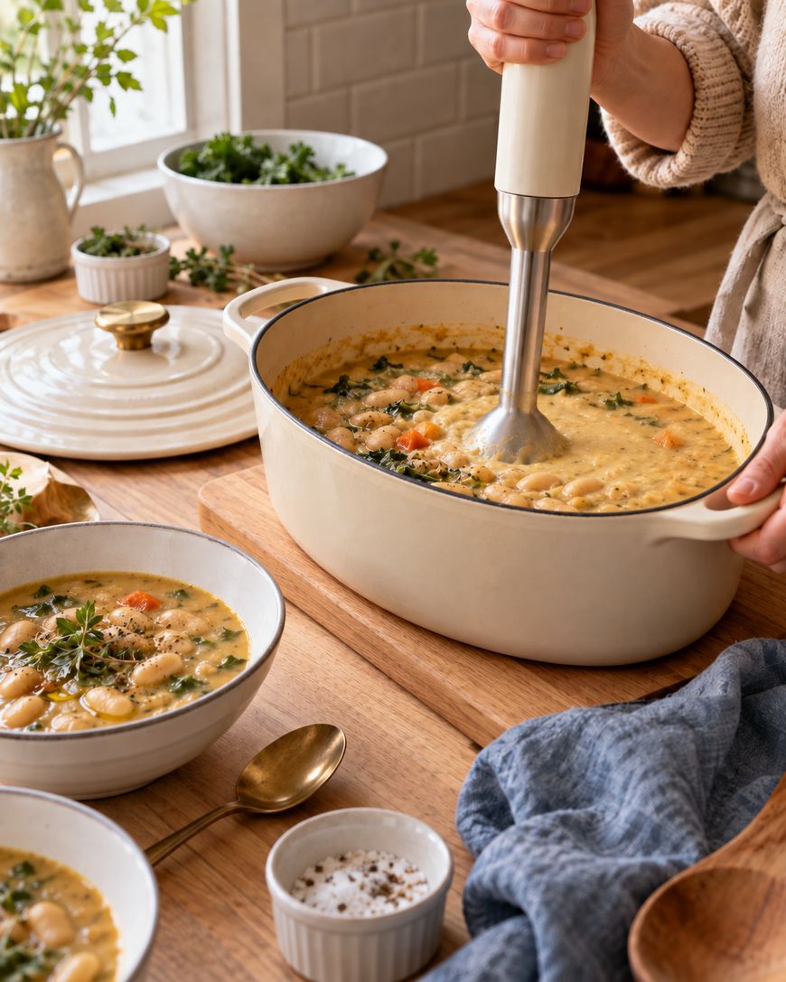 A person uses an immersion blender to blend a creamy soup with beans and herbs in a large pot, with bowls of soup and kitchen items on a wooden table nearby.