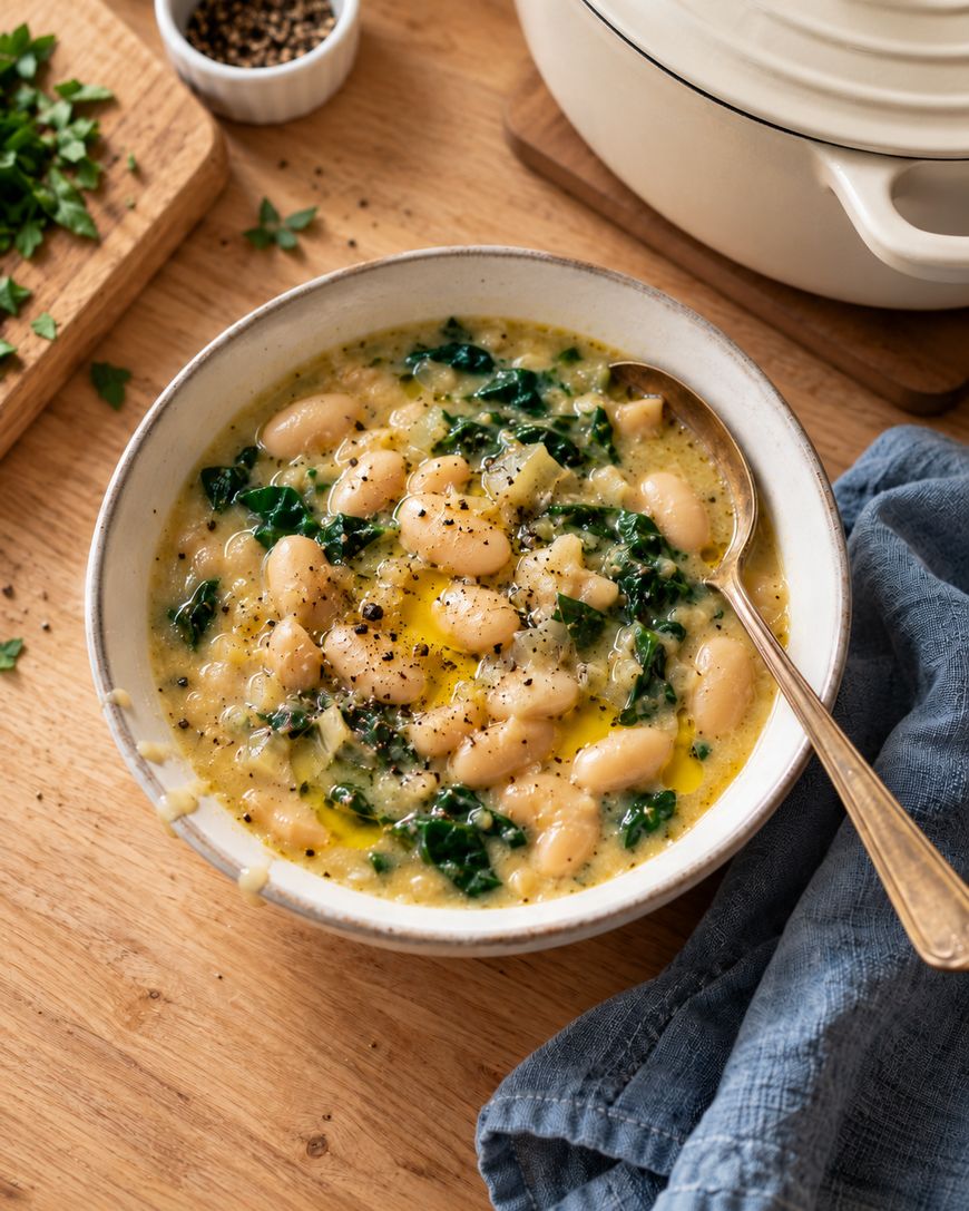A bowl of white bean and kale soup with a spoon, set on a wooden table near chopped herbs, a pepper grinder, and a blue napkin.