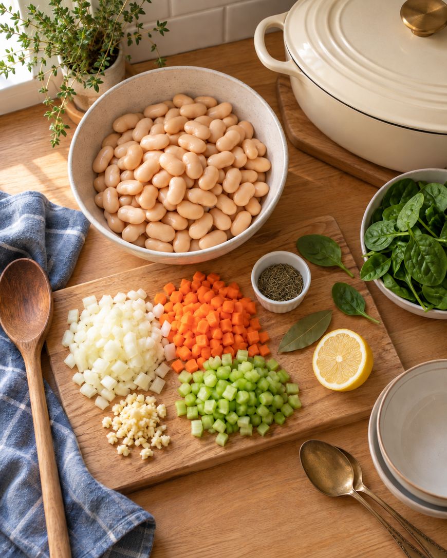 A bowl of white beans, fresh spinach, and a pot sit by a cutting board with chopped onions, carrots, celery, garlic, lemon, spices, a wooden spoon, and a blue towel on a wooden table.