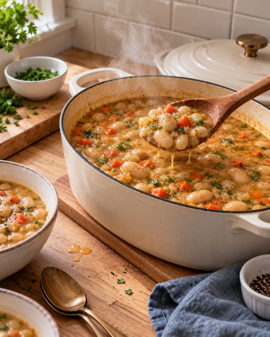 A steaming pot of bean and vegetable soup is being ladled into a bowl on a wooden countertop, surrounded by fresh herbs, a spoon, and a pot lid.
