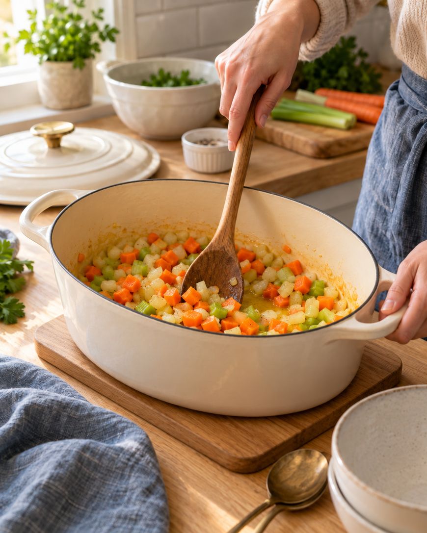 A person stirs chopped carrots, celery, and onions in a large white pot on a wooden countertop, with fresh vegetables and kitchenware nearby.