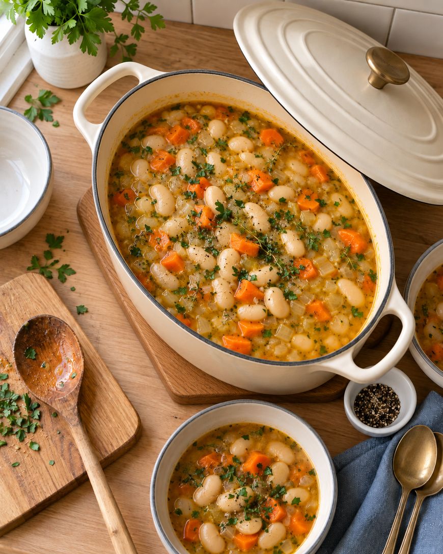 A pot of white bean and vegetable stew with carrots, topped with herbs, sits on a wooden board. Two bowls of stew, a wooden spoon, pepper, and fresh parsley are nearby.