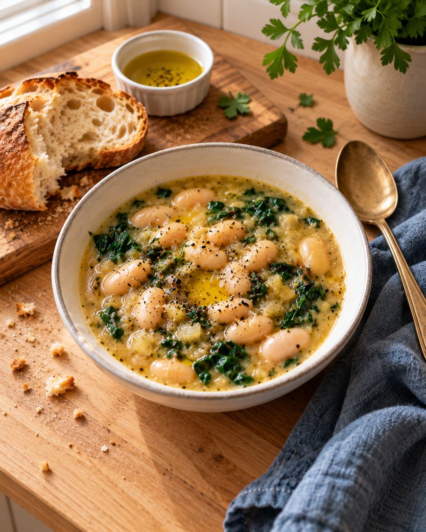 A bowl of white bean and kale soup with black pepper, served with rustic bread on a wooden board, a small dish of olive oil, a gold spoon, and a sprig of parsley nearby.