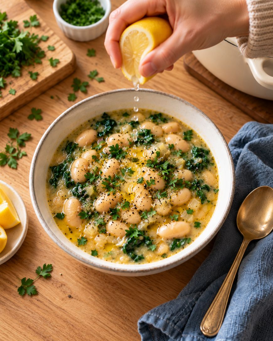 A hand squeezes a lemon over a bowl of white bean and kale soup, garnished with herbs. Chopped parsley, lemon wedges, and a gold spoon are nearby on a wooden table.