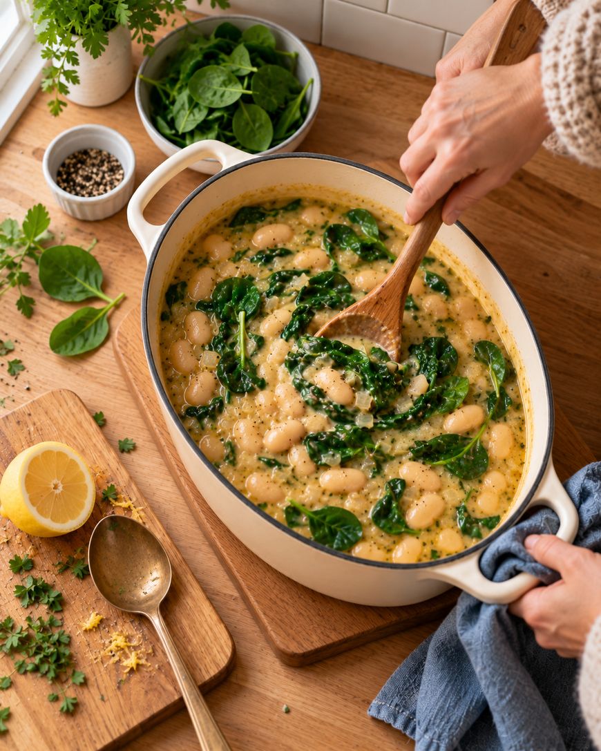 A person stirs a pot of white bean and kale stew on a wooden countertop, surrounded by herbs, lemon, spinach, and a bowl of black pepper.