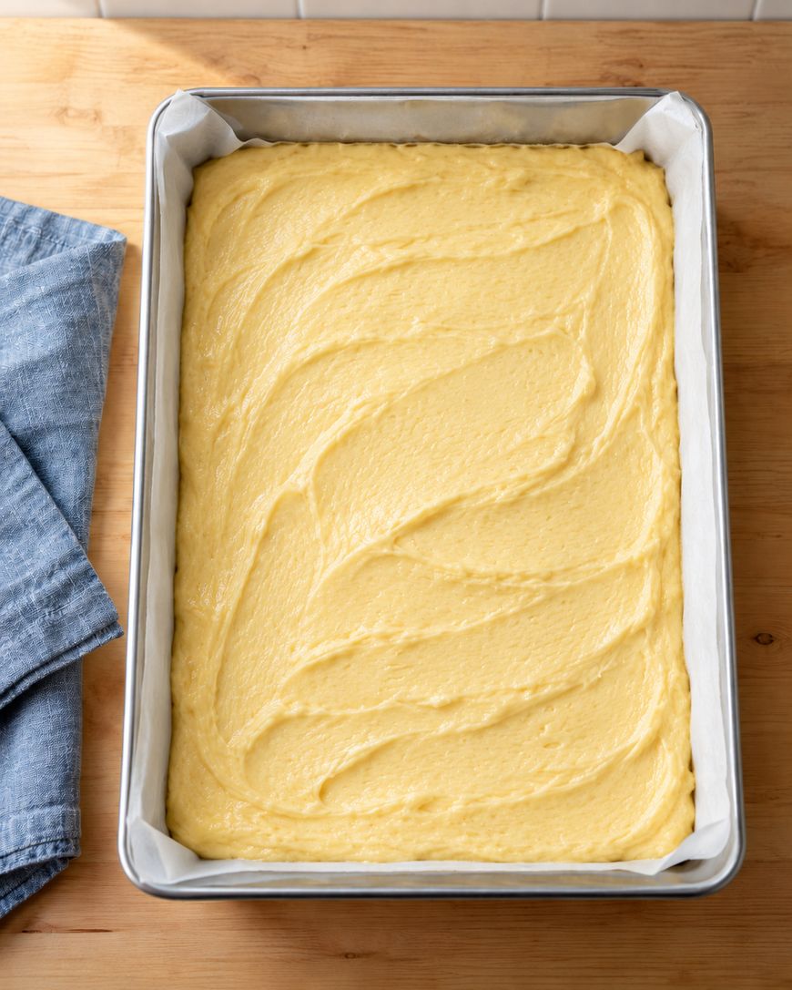 A rectangular metal pan lined with parchment paper holds smooth, yellow cake batter, evenly spread and ready to be baked. A folded blue cloth sits on the wooden surface beside the pan.