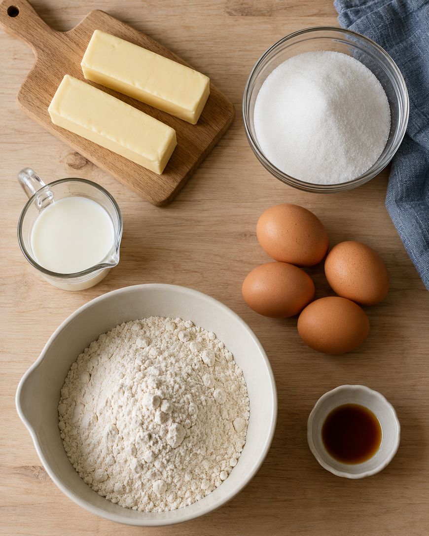 Baking ingredients on a wooden surface: two butter sticks, a bowl of sugar, a bowl of flour, four eggs, a small cup of milk, a small bowl of vanilla, and a blue cloth.