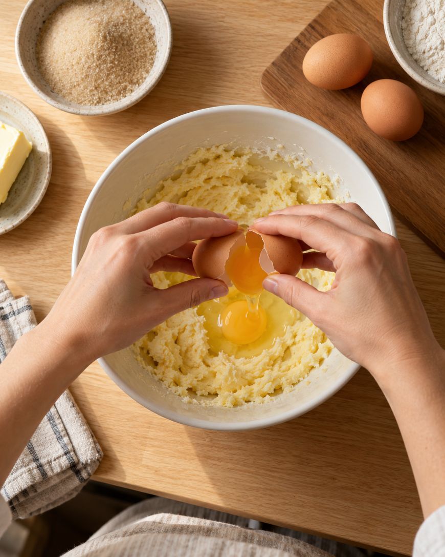 A person cracks an egg into a bowl of creamed butter and sugar on a wooden table, surrounded by eggs, flour, brown sugar, and butter.