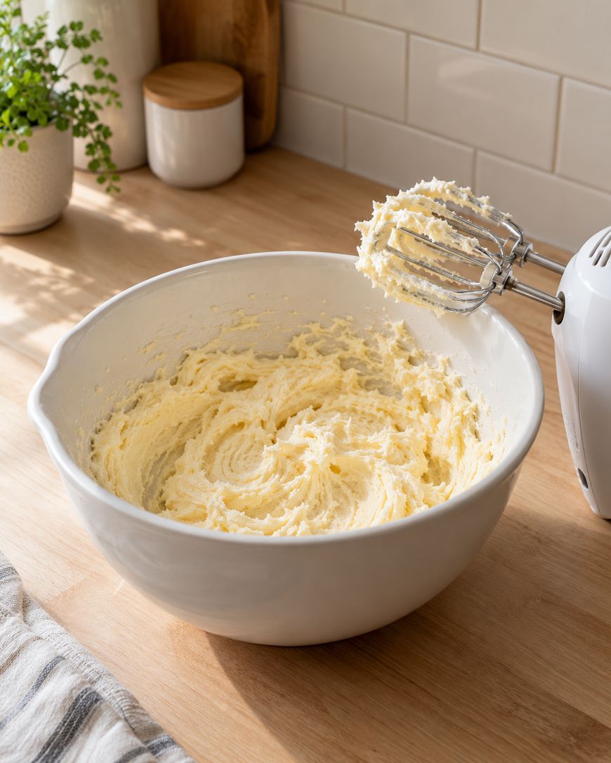 A white mixing bowl with creamed butter and sugar sits on a wooden countertop. An electric hand mixer with beaters coated in the mixture rests on the bowls rim. Sunlight streams into the tidy kitchen.