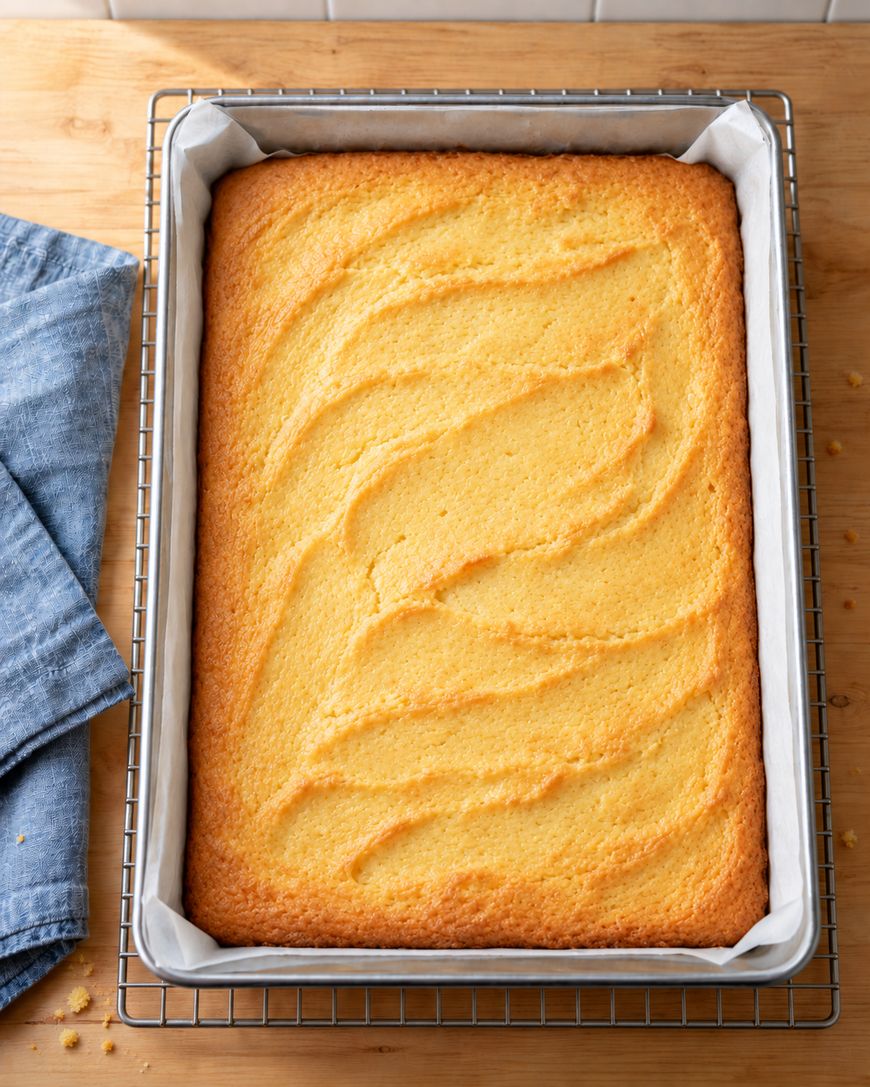 A golden-brown rectangular sheet cake sits in a parchment-lined baking pan on a cooling rack, with a blue cloth napkin nearby on a wooden surface.